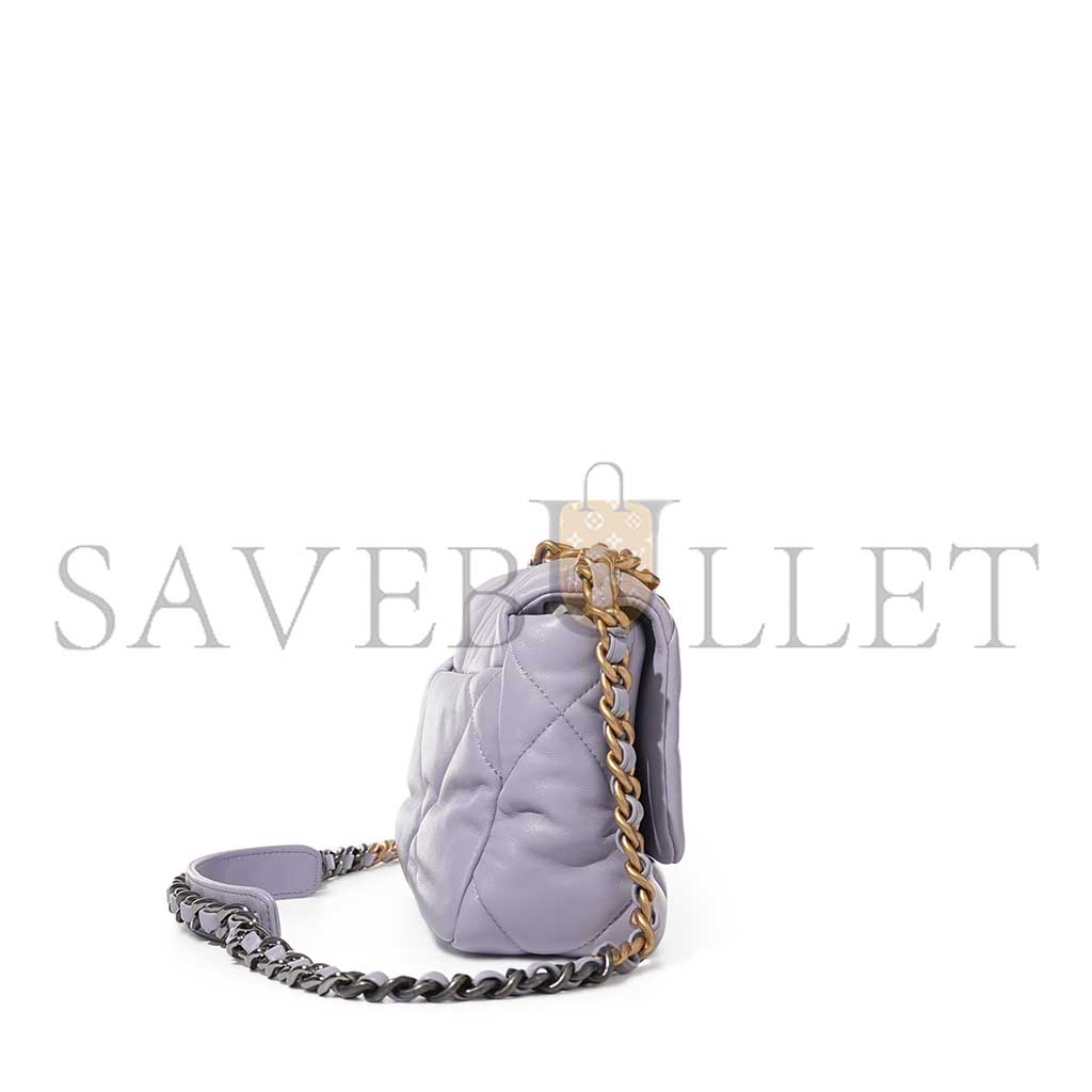 Ch*el purple quilted lambskin Ch*el 19 flap brushed gold and ruthenium hardware as1160 (26*16*9cm)